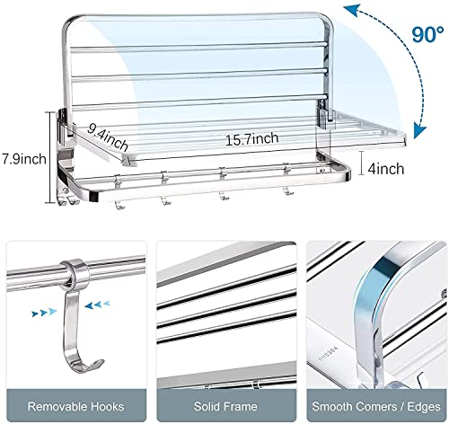 AUTOYSUR Bathroom Towel Rack, Towel Shelf with Two-Tier Architecture, Folding Towel Bars Wall Mount Holder, 5 Removable Hooks and Adjustable Towel Bar, Toilet Bathroom Bath Towel Cleaning Tools Holder