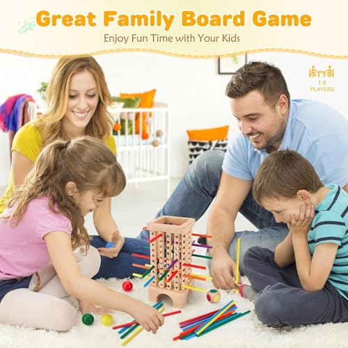 TOYBY Wooden Board Game Montessori Toys, 42 Colourful Sticks Dice Game Math Educational Toy, Family Fun Ball Dropping Game, 1 to 6 Players Fine Motor Skills Travel Games for 3 4 5 6 Years Old Boy Girl