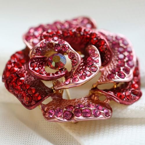 Tazweeq Brooch Pin Women's Rhinestones Breastpin for Wedding/Banquet/Bouquet, Red Rose Rhinestone Brooch, Flower Series Corsage Jewelry