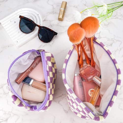 ZLFSRQ 3Pcs Checkered Makeup Bag for Women Large Cosmetic Bag Set Travel Toiletry Bag Makeup Pouch Bag for Purse Pink Zipper Storage Bag Organizer Cute Small Aesthetic Girls Car Essentials Bag