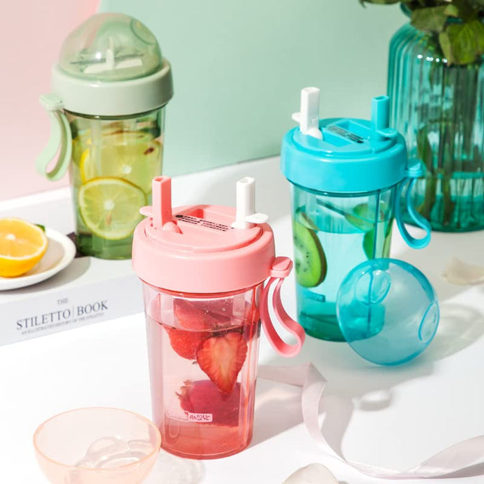 HALAYAYA Double Straw Water Cup Kids School Water Bottles Creative Water Cup One Cup of Two Different Drinks for Couple Outdoor Camping Travel 600ml (pink)