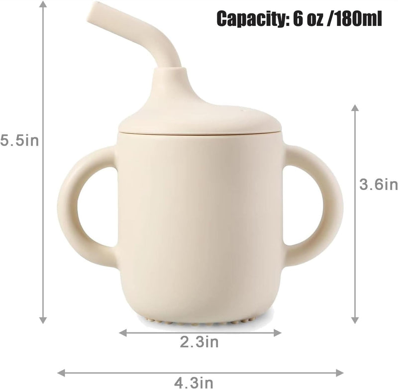 PandaEar 2 Pack 100% Tiny Silicone Drinking Training Cup with Handles & Straw for Baby and Toddler (White Blue)