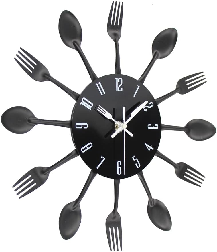 Timelike 3D Removable Modern Creative Cutlery Kitchen Spoon Fork Wall Clock Mirror Wall Decal Wall Sticker Room Home Decoration (Black)