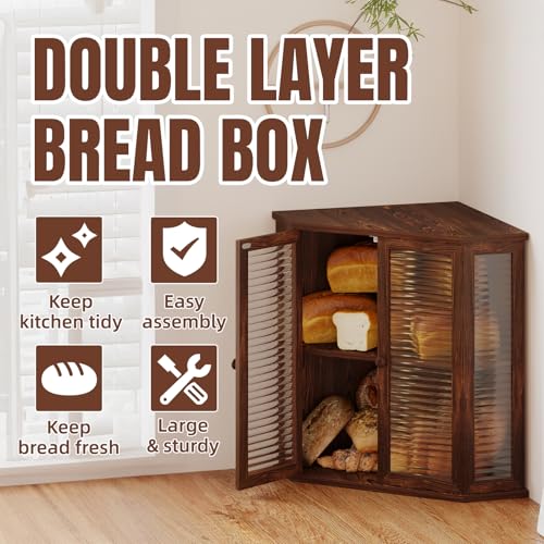 Aycarzcy Corner Bread Box for Kitchen Countertop, Large Wood Bread Storage Container Breadbox for Homemade Bread (Brown)