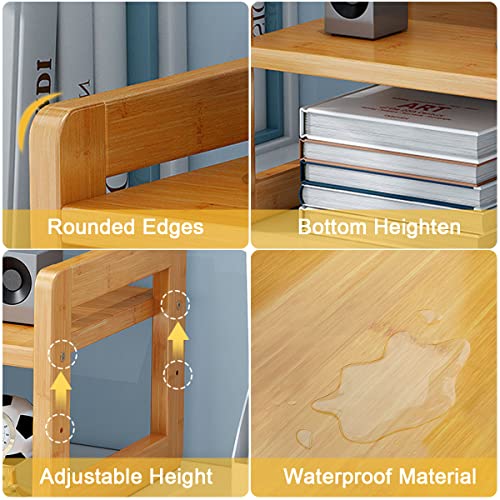 Cestbella Monitor Stand Riser 2 Tier Computer Monitor Stand Bamboo Desktop Stand with Storage Organizer PC Laptop TV Printer Monitor Stand Adjustable Height for Office and Home Use 51x17x15cm