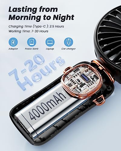 coldSky Portable Handheld Fan, 4000mAh Battery Operated Fan with LED Display, Handheld/Neck/Desk 3 in 1 Personal Small Fan, 90° Foldable Desk Fan with Base, 5 Speed Lash Makeup Fan for Women