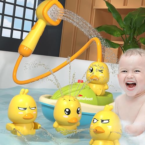 AMERTEER Baby Bath Toy for Toddlers with Cute Duck Design, Electric Spray Bathtub Toy with 3 Spraying Ducks & 1 Shower Head, Floating Boat Bath Toy for Sensory Development, 2-5 Years Old