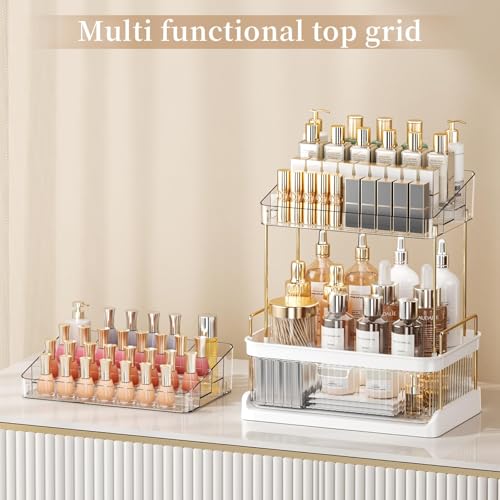 Makeup Organizer For Vanity, Drawer Skincare Organizer With Compartment, 2 Tier Large Bathroom Counter Organizer, Multi-purpose Makeup Organizer Countertop Exquisite, White Clear
