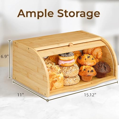THE WHITE SHOP Premium Bamboo Bread Box, Bread Storage And Organizer, Organizer For Kitchen Countertop, Assembly Required