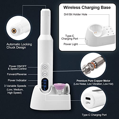 [Upgrade]Cordless Electric Nail Drill, Portable Professional Rechargeable Nail File Machine with Nail Drill Bits, Sanding Bands for Acrylic Gel Nails, Manicure Pedicure Polishing (1)