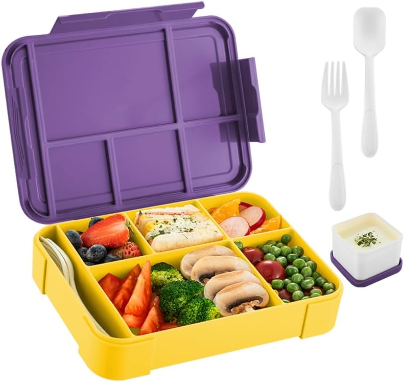 4H Essential Bento Lunch Box 6 Compartments, Leak Proof Food Container, BPA Free Microwave Safe, Meal Prep Box for Adults Kids School Office Travel (Green) - Purple