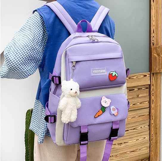 TAPIT 5PCS School Backpacks Combo Set with Bear Pendant Back to School Supplies Cute Schoolbag Lunch Bag Pencil Case Shoulder Bag Travel Bag Gifts for Girls Purple, One Size