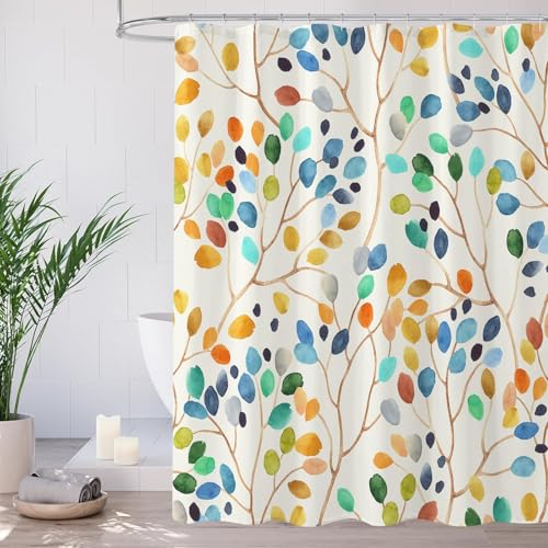 Tazweeq Floral Shower Curtain for Bathroom, Colorful Leaves Fabric Shower Curtain, Abstract Watercolor Painting Cute Botanical Decorative Shower Curtain Set with Hooks (180×180cm)