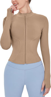 Women's Lightweight Stretchy Workout Full Zip Running Track Jacket with Thumb Holes - Coffee