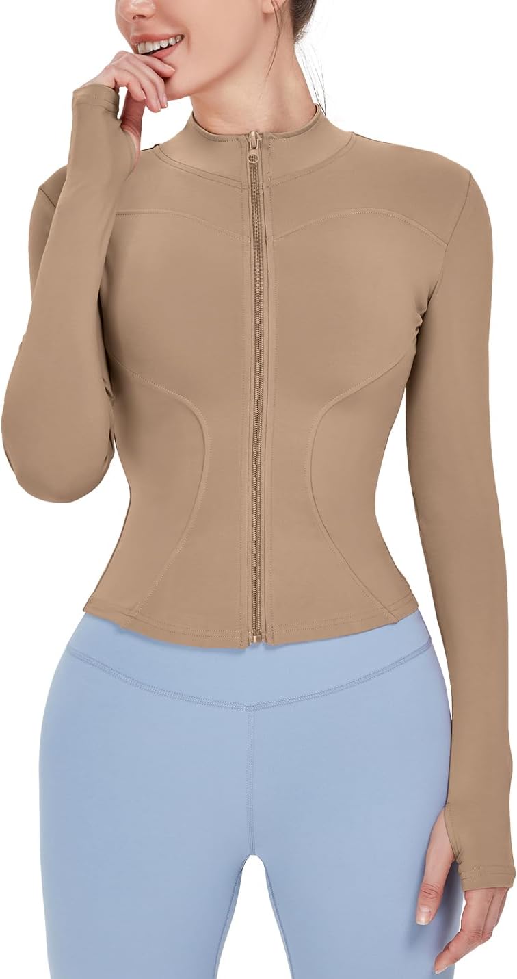 Women's Lightweight Stretchy Workout Full Zip Running Track Jacket with Thumb Holes - Coffee
