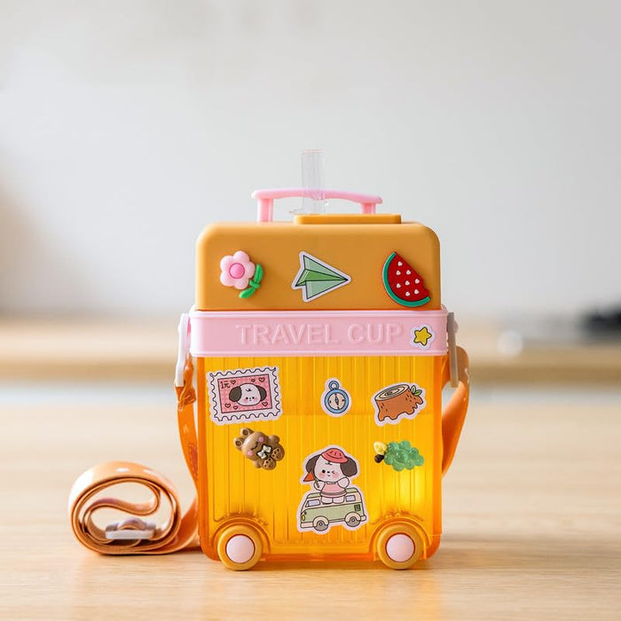 TWISOO Kids Travel Water Bottle with Fun Suitcase Design � Portable, Leak-Proof Drinking Cup with Adjustable Strap, BPA-Free, Ideal for School, Travel, and Outdoor Activities (450ml) (Orange)