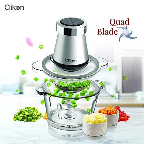 Clikon 2 Litre Electric Food Chopper/Meat Processor with Garlic Skin Peeler Attachment, 2 Speed Setting, Detachable Stainless Steel Quad Blades, 350 Watts, 2 Year Warranty, Silver