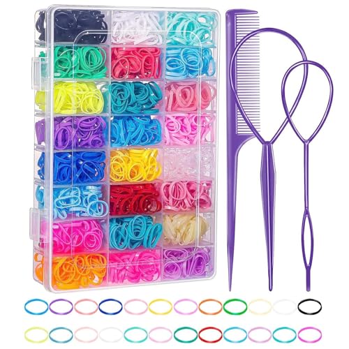 GERRIT Baby Hair Ties with Hair Loop Styling Tools, 2000pcs Elastic Hair Ties with Organizer Box, Hair Rubber Bands with Hair Tail Tools and Comb, Hair Accessories for Girls Baby Toddlers Kid