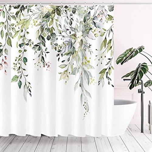 Green Eucalyptus Shower Curtain, Bathroom Curtain Waterproof Anti-Mold Fashion Curtain Watercolor Leaves on The Top Plant with Floral Bathroom Decoration Shower Curtain Sets (180 * 180CM) with Hooks