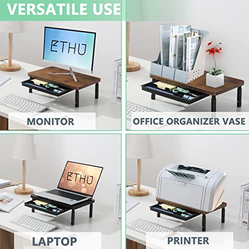 ETHU Monitor Stand Riser, 3 Height Adjustable Monitor Stand with Storage Drawer Desk Organizer Ergonomic Stand for Computer Printer Laptop PC iMac Black