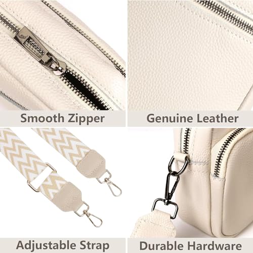 Crossbody Bag for Women, Small Leather Camera Purse Thick Strap Cross-body Bags, Triple Zip Shoulder Bag with Guitar Strap