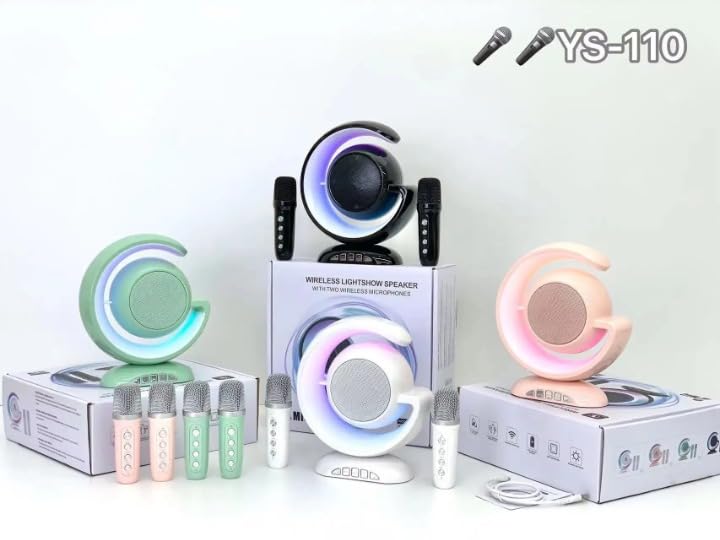 REBENUO YS -110 New Portable Speaker Small TWS Bass Speaker With Double Wireless Microphone Dazzling Lights Moon shaped ornaments. White