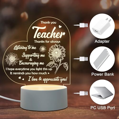 Joyzzz Engraved Night Light, LED Acrylic Night Light for Teacher with Creative Blessing, Low Power USB Teacher Appreciation Gifts with Button Control, Thank You Gifts for Teachers from Student