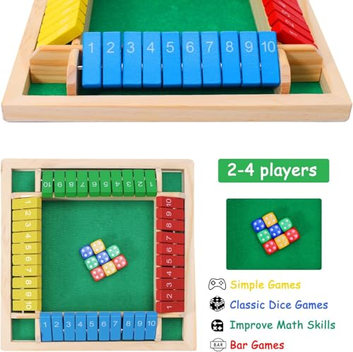 Shut The Box Dice Game, 2-4 Player Family Wooden Board Table Math Funny Games for Adults and Kids, 8 Dices Classics Creative Tabletop Version Games for Classroom,Home,Party or Pub