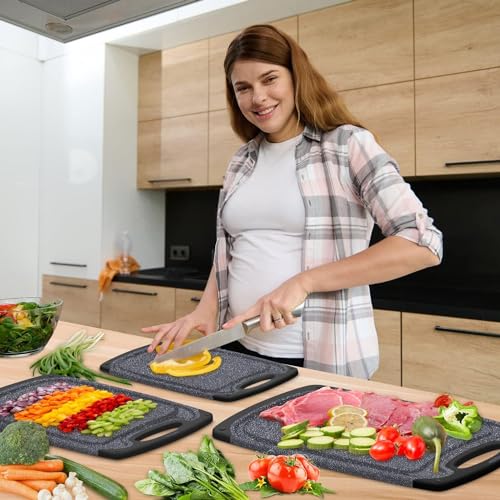 Joyzzz Kitchen Cutting Board, 3 pcs Professional Chopping Boards Sets, No BPA Cutting Board with Grinding Area, Non-Slip Dishwasher Safe Cutting Board, Juice Grooves and Carrying Handle