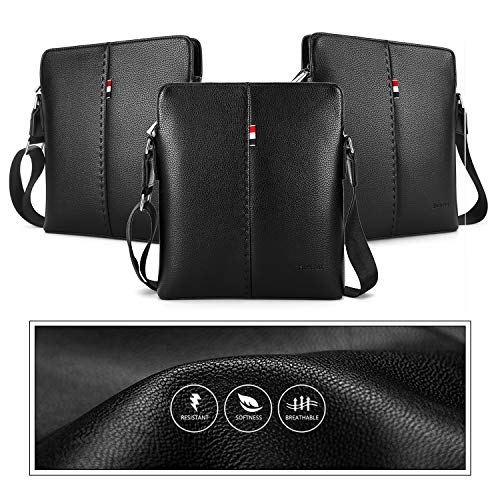 YumSur Mens Shoulder Bag, Genuine Leather Messenger Handbag Crossbody Bag for Men Purse iPad Bag for Business Office Work School with Adjustable Strap Black, Black, One Size