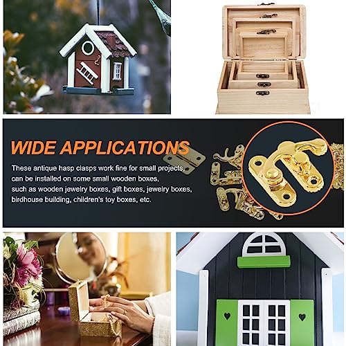 Rustark 20 Sets Gold Antique Small Box Hinges Right Latch Hook Hasp Horn Lock Jewelry Box Hardware Antique Brass Latch Hook Clasp Mini Hinges for DIY Crafts Jewelry Wooden Box