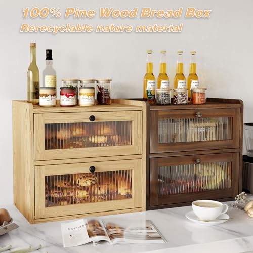 Alpeir Double Layer Large Bread Box for Kitchen Counter, Wooden Corner Bread Storage Container with Acrylic Window, Retro Brown