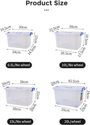 Premify 4 Pcs Set Plastic Storage Boxes, 6L, 10L, 15L, 20L Clear Stackable Containers with Lockable Lids Transparent Organizer Box for Toys, Shoes, Kitchen Items, Snacks, Tools, Medicines & More