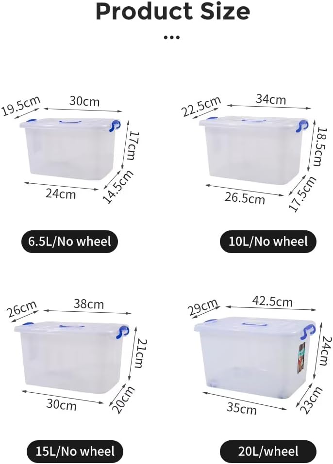 Premify 4 Pcs Set Plastic Storage Boxes, 6L, 10L, 15L, 20L Clear Stackable Containers with Lockable Lids Transparent Organizer Box for Toys, Shoes, Kitchen Items, Snacks, Tools, Medicines & More