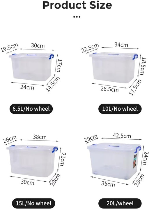 Premify 4 Pcs Set Plastic Storage Boxes, 6L, 10L, 15L, 20L Clear Stackable Containers with Lockable Lids Transparent Organizer Box for Toys, Shoes, Kitchen Items, Snacks, Tools, Medicines & More