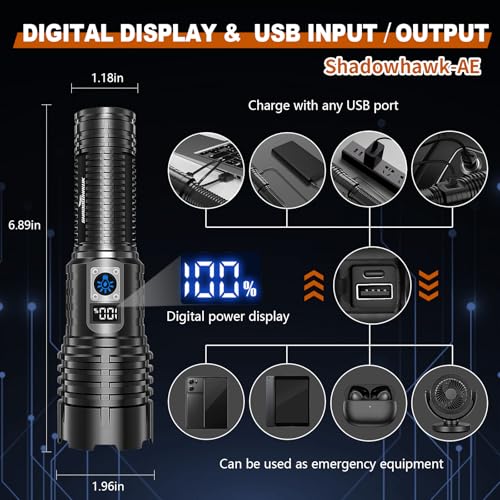 Shadowhawk Flashlight Rechargeable Torch Light, 20000 Lumens Flash Light Led flashlights Tactical, XHM77.2 Led Torch Light High Power, USB Handheld Powerful Torches for Camping Hiking Emergency