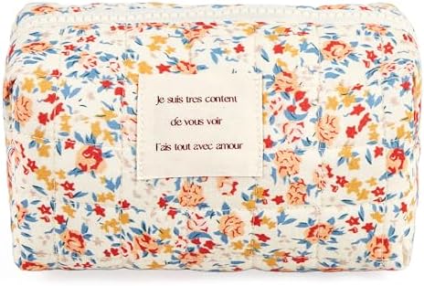 Sminra Floral Makeup Bag Large Cotton Quilted Cosmetic Makeup Bag Organizer, Aesthetic Portable Pouch Purse Toiletry Bag for Women Girls Travel accessories(Blue Floral-L)