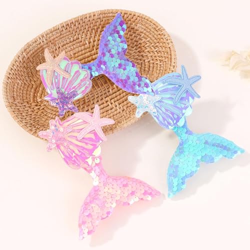 LAROKO Hair Clips for Girls, Aurora Sequins Mermaid Fish Tail Hairpin Starfish Sequin Hair Accessories, Multicolor Sparkling Hair Barrettes for Little Girls Toddlers Kids and Teens 6 Pcs