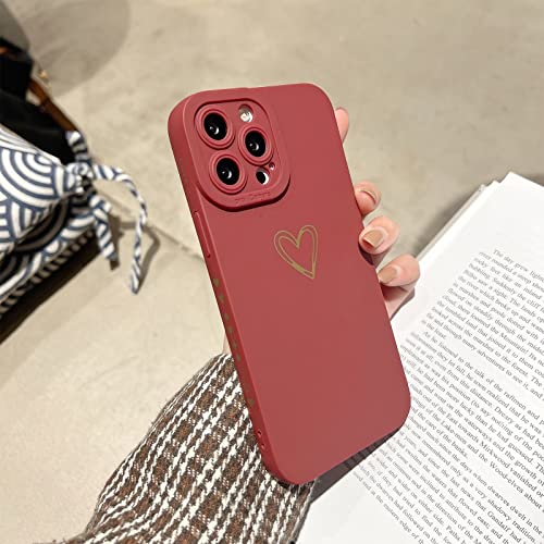 T Tersely Compatible with iPhone 13 Pro Max Case Luxury Gold Heart Pattern Soft Liquid Silicone Shockproof Case for Women Girls Side Cute Plated Heart Pattern Slim Phone Case (Wine Red)