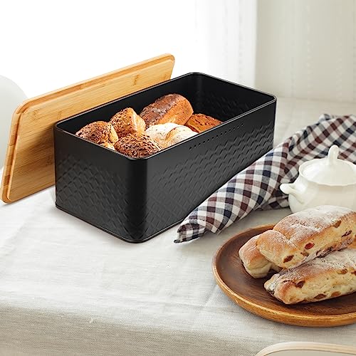 Worephu Bread Bin Bread Storage Box with Bamboo Lid, Black Bread Storage Container Bin, for Kitchen Countertop Organizer (Black)