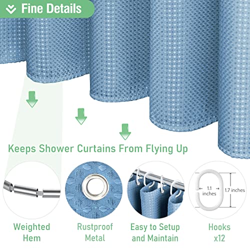 Dynamene Blue Fabric Shower Curtain - Waffle Weave Textured Heavy Duty Cloth Shower Curtains for Bathroom, 256GSM Hotel Luxury Weighted Bath Curtain Set with 12 Plastic Hooks,72x72, Moonlight Blue