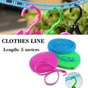 MAPPERZ Windproof Anti-Slip Removable Cloth Hanging Clothes Washing Line Drying Nylon Rope with Hooks/ Nylon Clothesline Rope - 5 Meter (Multicolor (3)