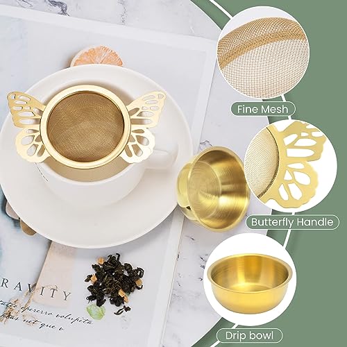 SYOSI 2 Pieces Tea Strainers with Drip Bowl, Fine Mesh Stainless Steel Loose Leaf Tea Filter with Butterfly Handle Reusable Tea Interval Diffuser for Loose Leaf Coffee Herbal Spice Juice Filter (Gold)