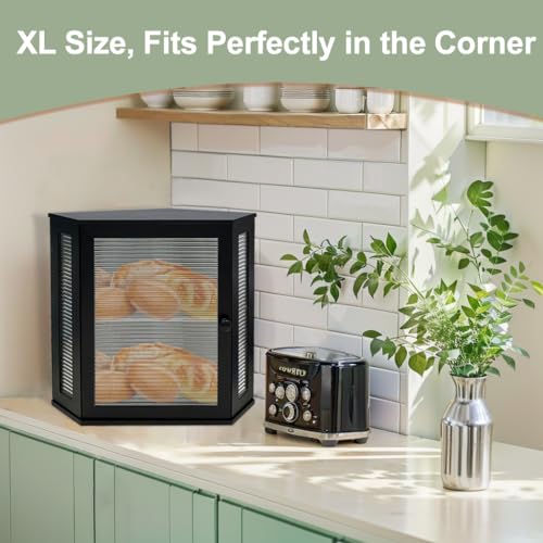 NewEle Extra Large Corner Bread Box - Bamboo Bread Box for Kitchen Countertops, Large Capacity Kitchen Bread Storage and Organizer with Corrugated Acrylic Wavy Window (Black)