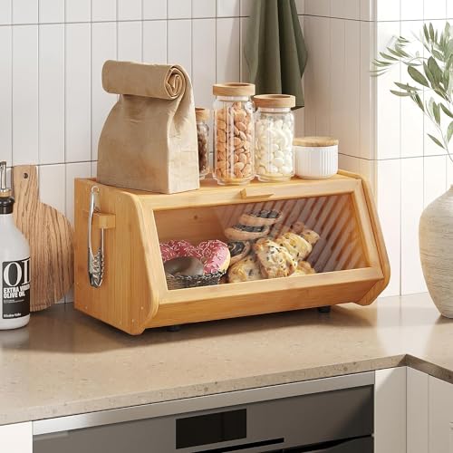 VITAL Bamboo Bread Box keep The Bread Fresh For Kitchen Counter-Large Capacity Wooden Bread Storage Container Farmhouse Bread Box with Window Bread Holder