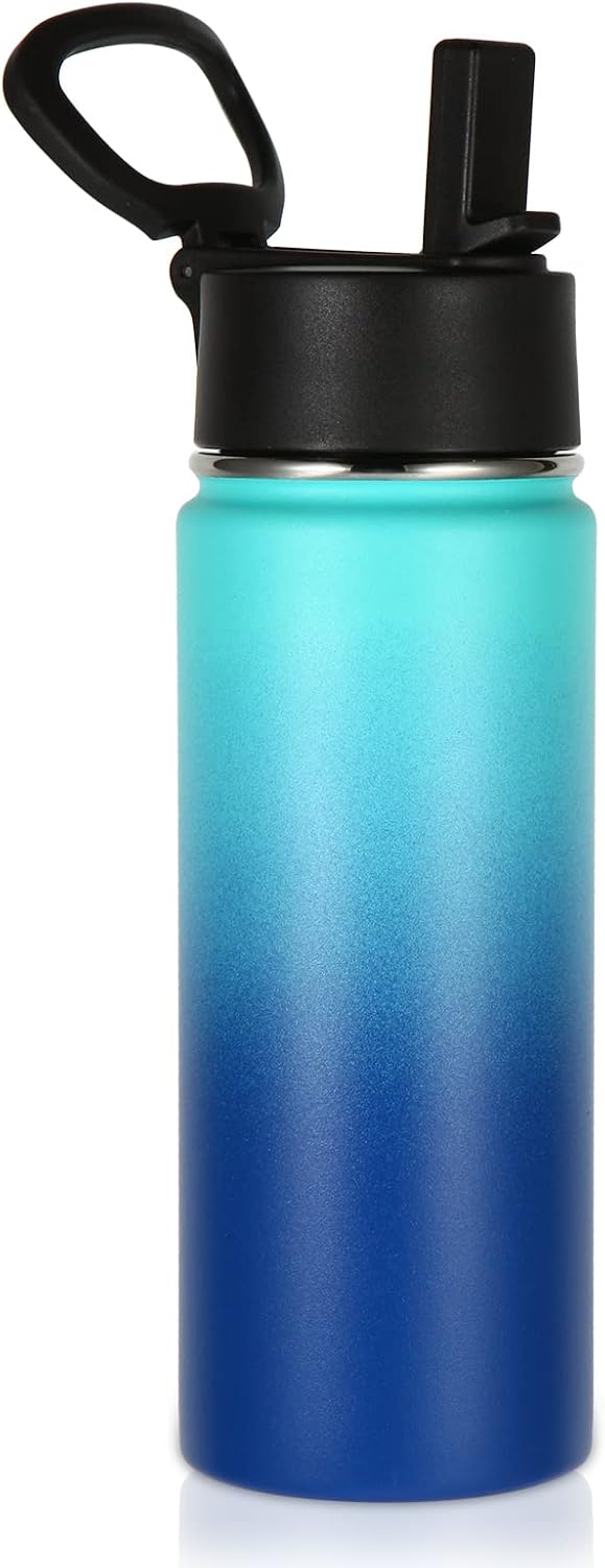 530ml 18oz Kids Insulated Water Bottle, Stainless Steel Water Bottles with Straw Lid, Wide Mouth Double Wall Vacuum Sports Travel Flask for Cold Drink (Red,1 Pack) - Green Blue 1