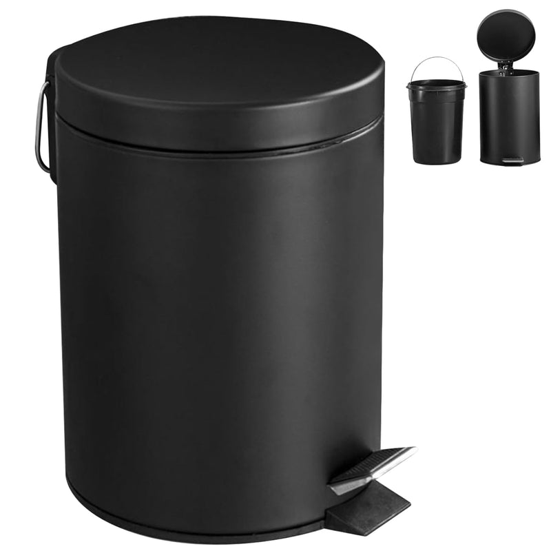 SLEEPHEAD®Artistic 3-Liter Trash Can with Lid, Foot Pedal Round Bathroom Garbage Can with Stainless Steel Removable Inner Wastebasketand Handle, Matt Finish, 0.8Gal/3L, Black