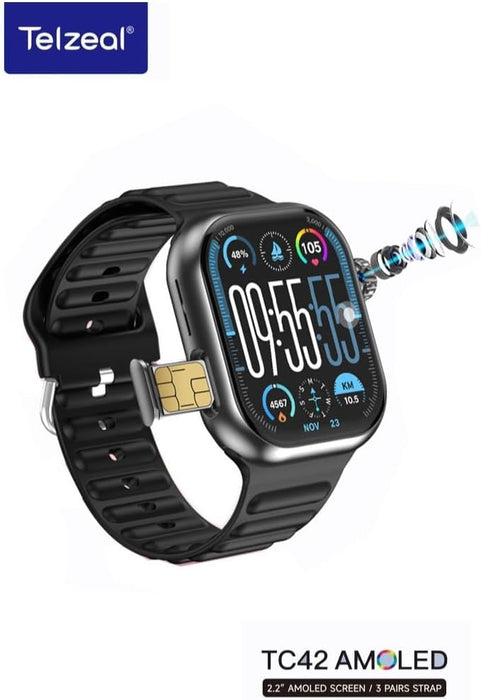 Telzeal TC42 AMOLED 4G 2.2 Inch AMOLED Display Smartwatch with 8MP Camera Sim card Slot 3 Pair Straps and Charging Cable Designed for Ladies and Gents (Silver)