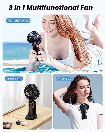 coldSky Portable Handheld Fan, 4000mAh Battery Operated Fan with LED Display, Handheld/Neck/Desk 3 in 1 Personal Small Fan, 90° Foldable Desk Fan with Base, 5 Speed Lash Makeup Fan for Women