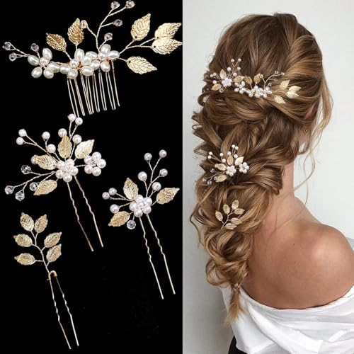 4 Pieces Bridal Wedding Hair Pins, Gold Leaf Hair Pins, Crystal Pearl Flower Hair Forks Vintage Bridal Hair Accessories Wedding Hair Clips Headpiece for Brides Bridesmaids Flower Women and Girls
